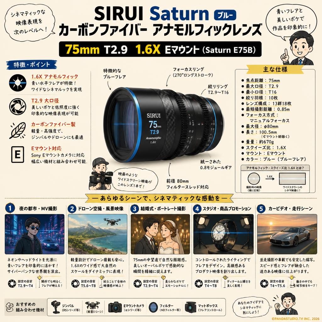 SIRUI Saturn カーボンファイバー アナモルフィックレンズ 75mm T2.9 1.6X Eマウント ブルー ( Saturn E75B) 用途