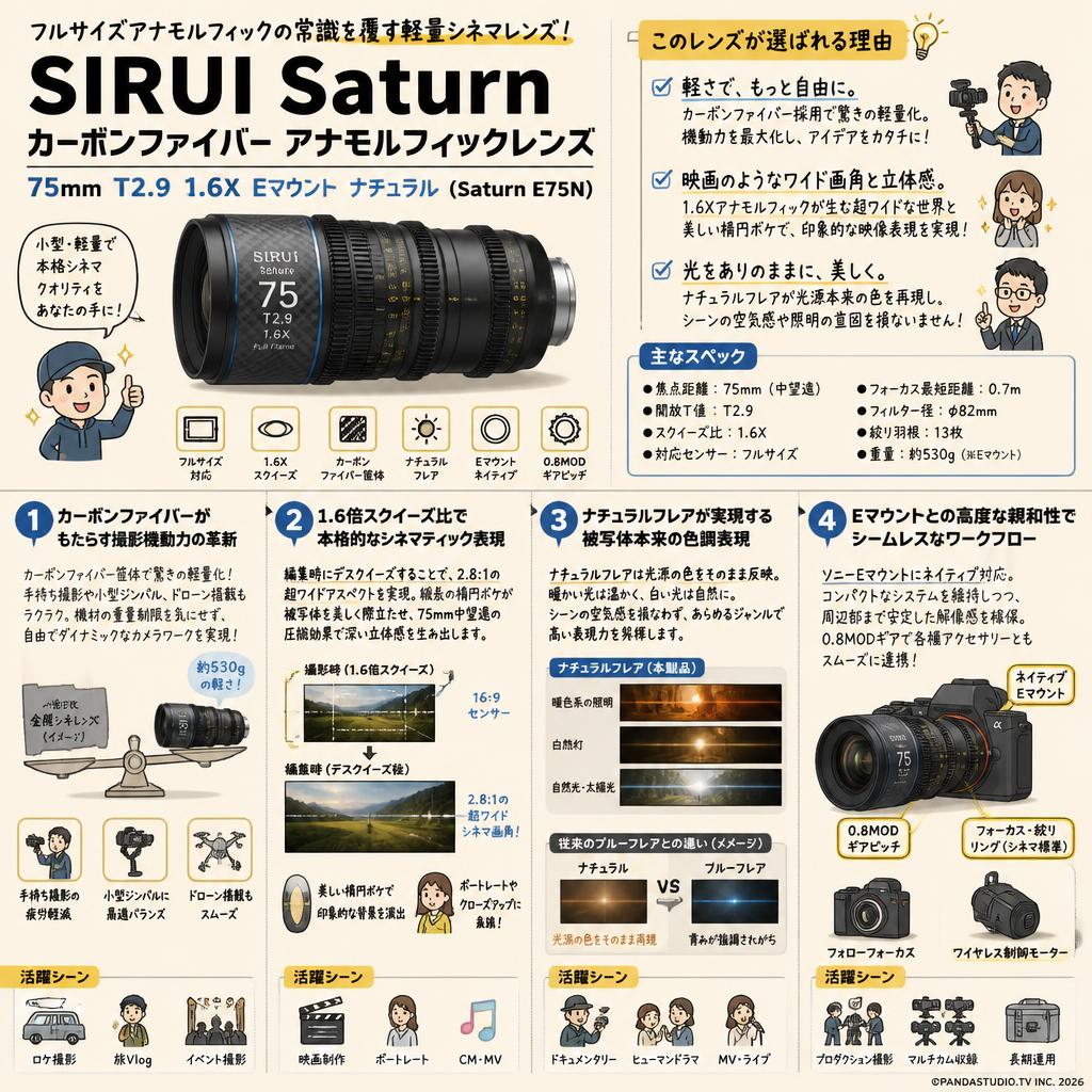 SIRUI Saturn カーボンファイバー アナモルフィックレンズ 75mm T2.9 1.6X Eマウント ナチュラル ( Saturn E75N) 概要