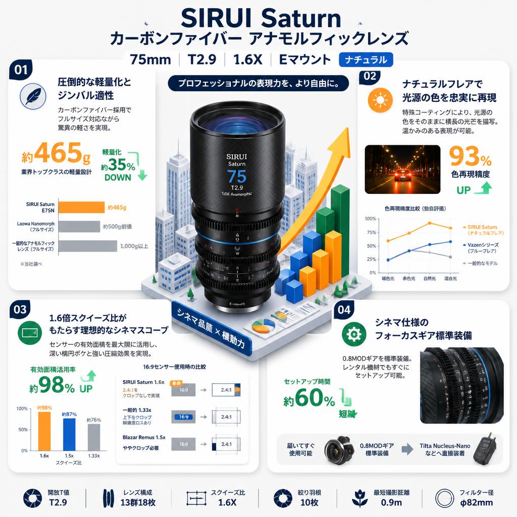 SIRUI Saturn カーボンファイバー アナモルフィックレンズ 75mm T2.9 1.6X Eマウント ナチュラル ( Saturn E75N) セールスポイント