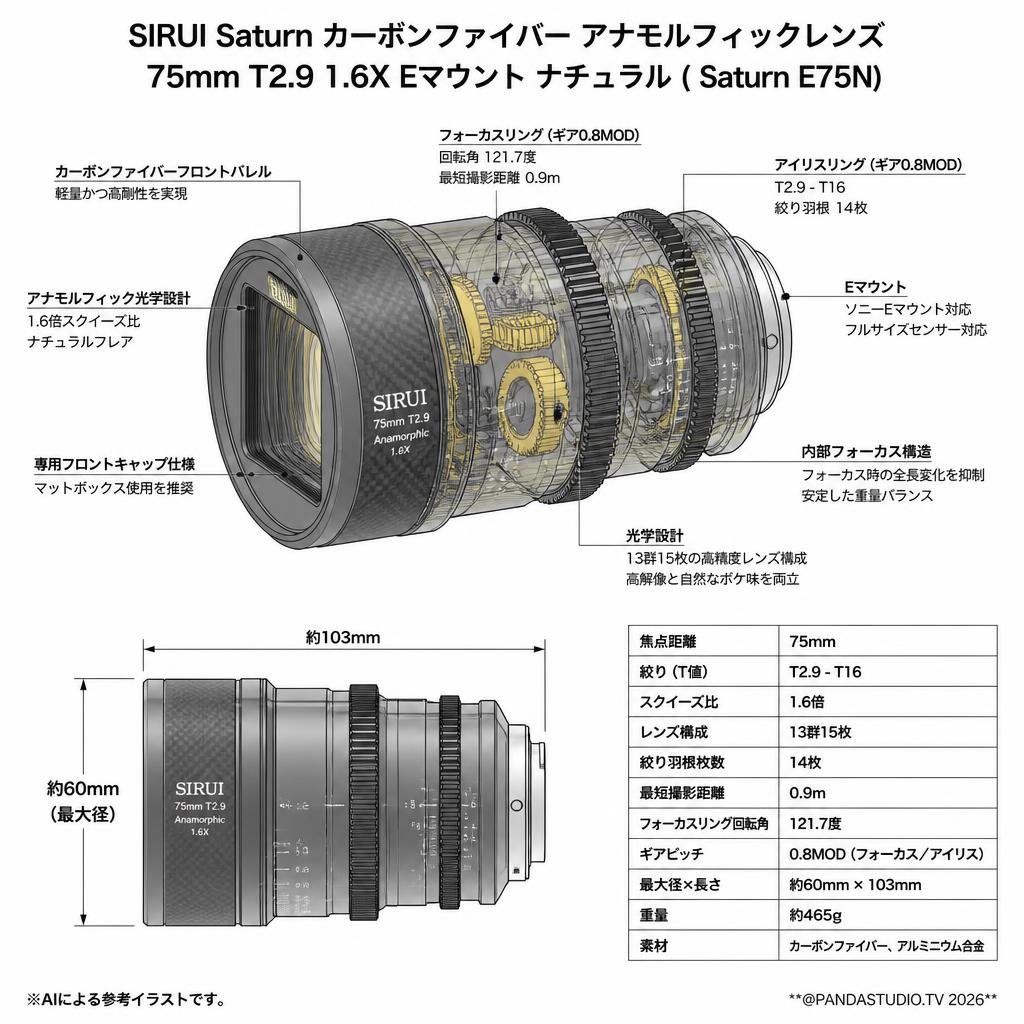 SIRUI Saturn カーボンファイバー アナモルフィックレンズ 75mm T2.9 1.6X Eマウント ナチュラル ( Saturn E75N) スペック