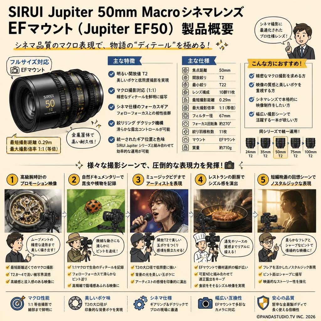 SIRUI Jupiter 50mm Macro Cineシネマレンズ EFマウント ( Jupiter EF50 ) 用途
