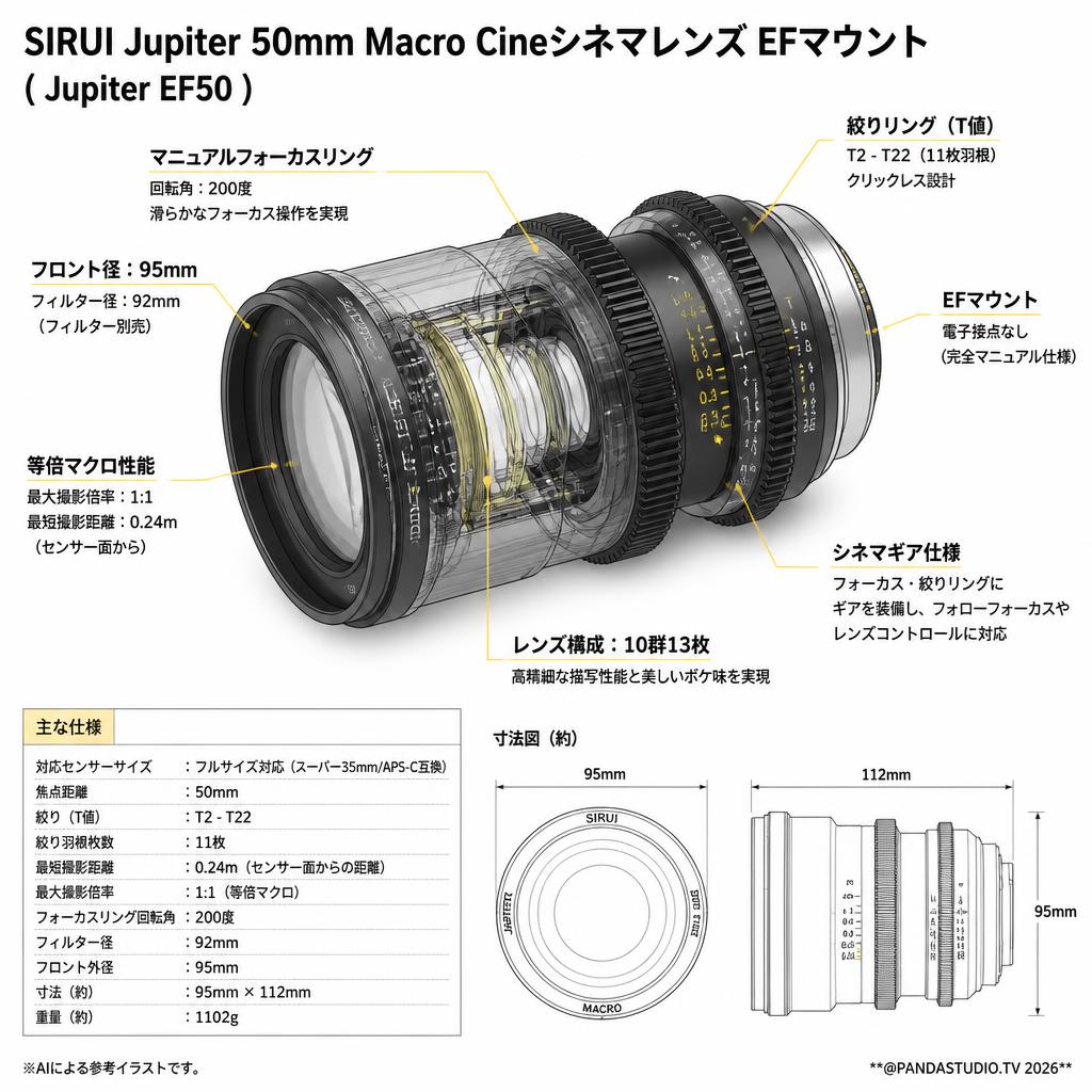 SIRUI Jupiter 50mm Macro Cineシネマレンズ EFマウント ( Jupiter EF50 ) スペック