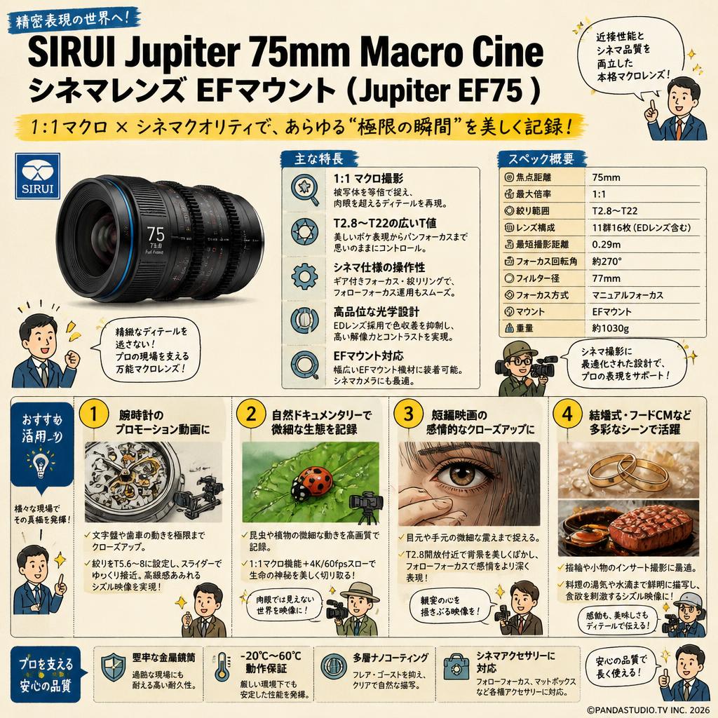 SIRUI Jupiter 75mm Macro Cineシネマレンズ EFマウント ( Jupiter EF75 ) 用途