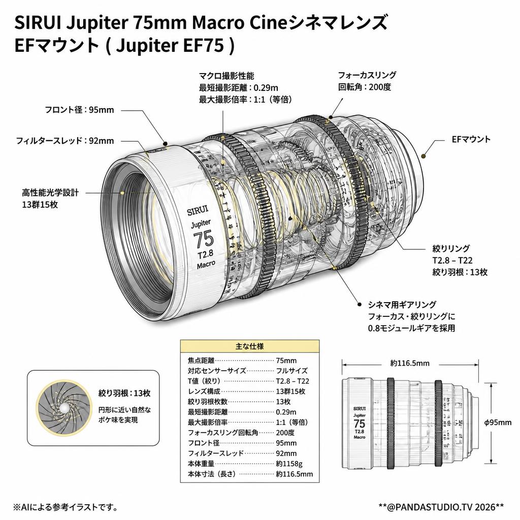 SIRUI Jupiter 75mm Macro Cineシネマレンズ EFマウント ( Jupiter EF75 ) スペック