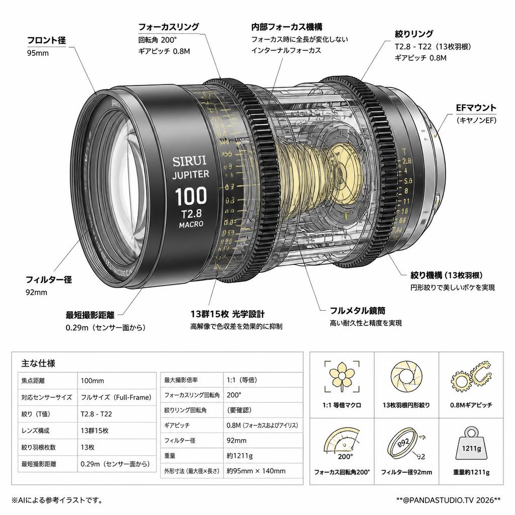 SIRUI Jupiter 100mm Macro Cineシネマレンズ EFマウント ( Jupiter EF100 ) スペック