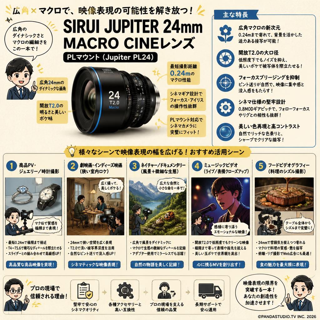 SIRUI Jupiter 24mm Macro Cineシネマレンズ PLマウント ( Jupiter PL24 ) 用途