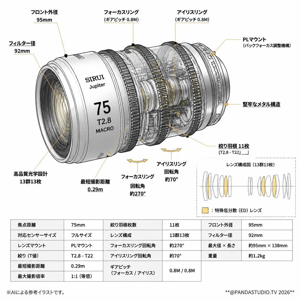 SIRUI Jupiter 75mm Macro Cineシネマレンズ PLマウント ( Jupiter PL75 ) スペック