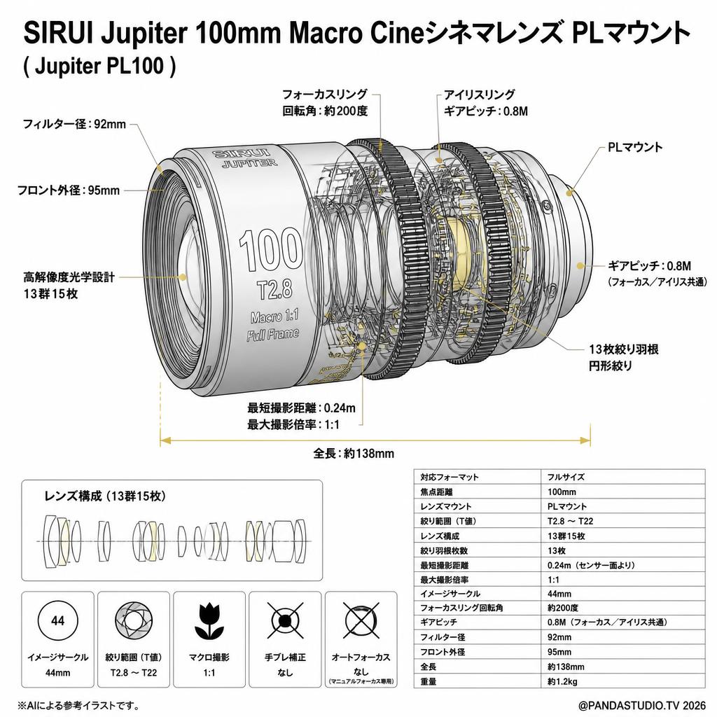 SIRUI Jupiter 100mm Macro Cineシネマレンズ PLマウント ( Jupiter PL100 ) スペック