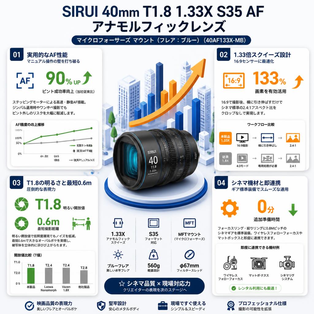 SIRUI 40mm T1.8 1.33X S35 AF アナモルフィックレンズ マイクロフォーサーズ マウント（フレア：ブルー ）（40AF133X-MB） セールスポイント