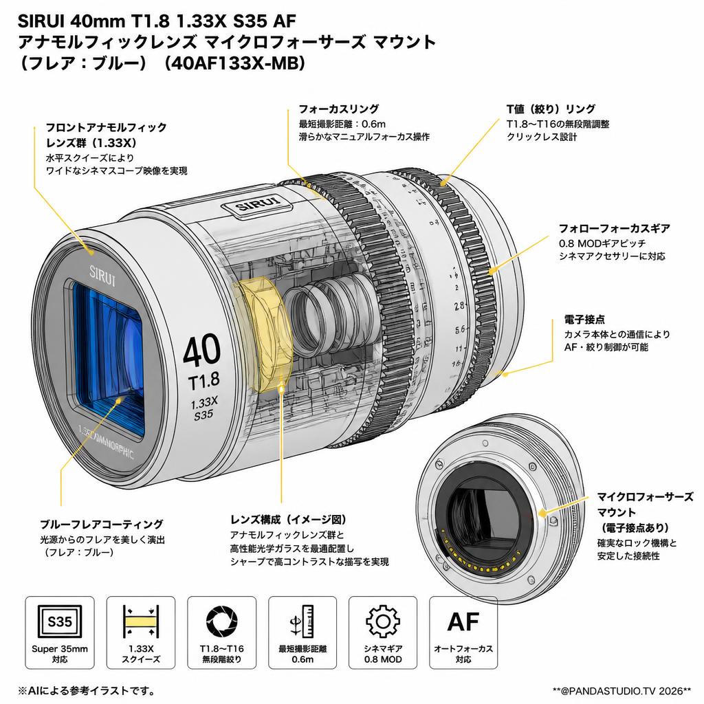 SIRUI 40mm T1.8 1.33X S35 AF アナモルフィックレンズ マイクロフォーサーズ マウント（フレア：ブルー ）（40AF133X-MB） スペック