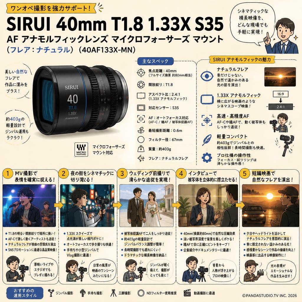 SIRUI 40mm T1.8 1.33X S35 AF アナモルフィックレンズ マイクロフォーサーズ マウント (フレア：ナチュラル)（40AF133X-MN） 用途