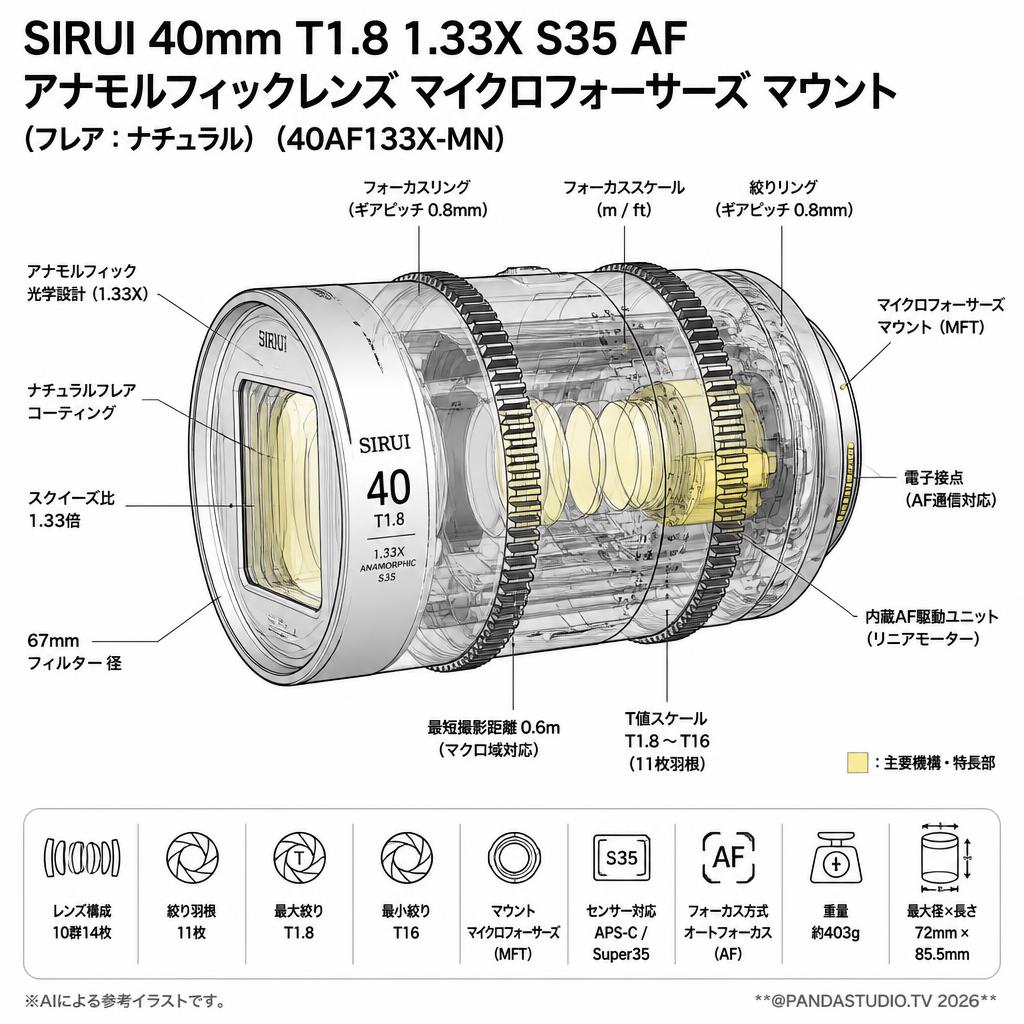 SIRUI 40mm T1.8 1.33X S35 AF アナモルフィックレンズ マイクロフォーサーズ マウント (フレア：ナチュラル)（40AF133X-MN） スペック