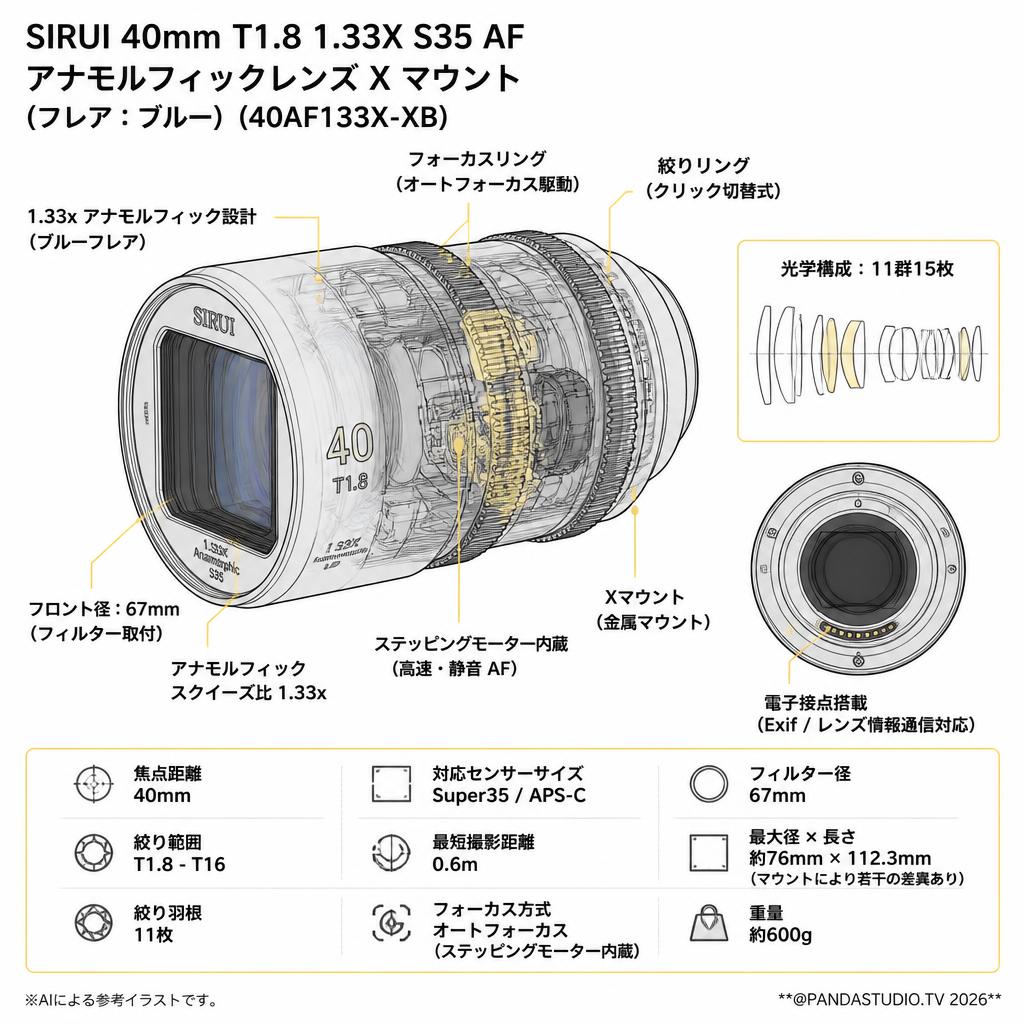 SIRUI 40mm T1.8 1.33X S35 AF アナモルフィックレンズ X マウント (フレア：ブルー)（40AF133X-XB） スペック