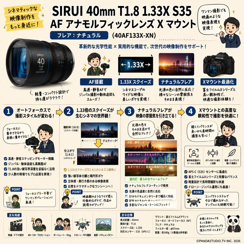 SIRUI 40mm T1.8 1.33X S35 AF アナモルフィックレンズ X マウント (フレア：ナチュラル)（40AF133X-XN） 概要