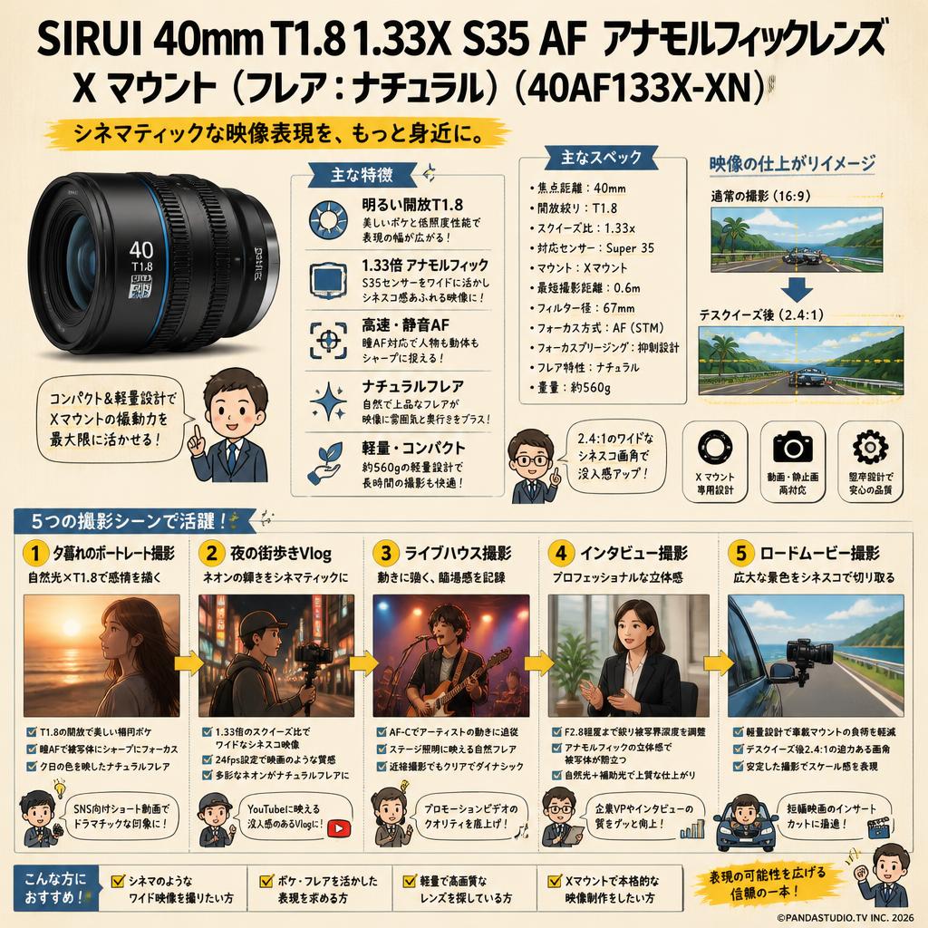 SIRUI 40mm T1.8 1.33X S35 AF アナモルフィックレンズ X マウント (フレア：ナチュラル)（40AF133X-XN） 用途