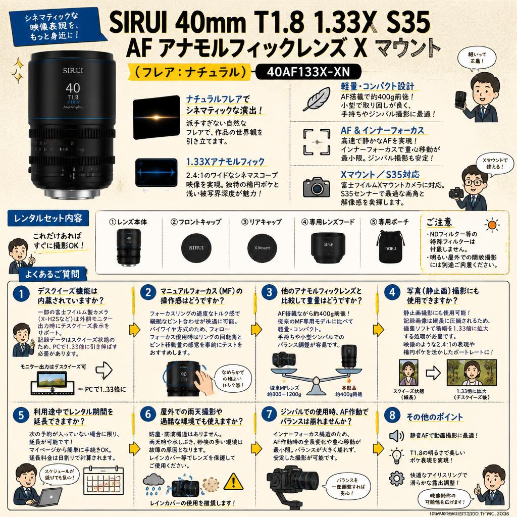 SIRUI 40mm T1.8 1.33X S35 AF アナモルフィックレンズ X マウント (フレア：ナチュラル)（40AF133X-XN） FAQ（よくある質問と答え）