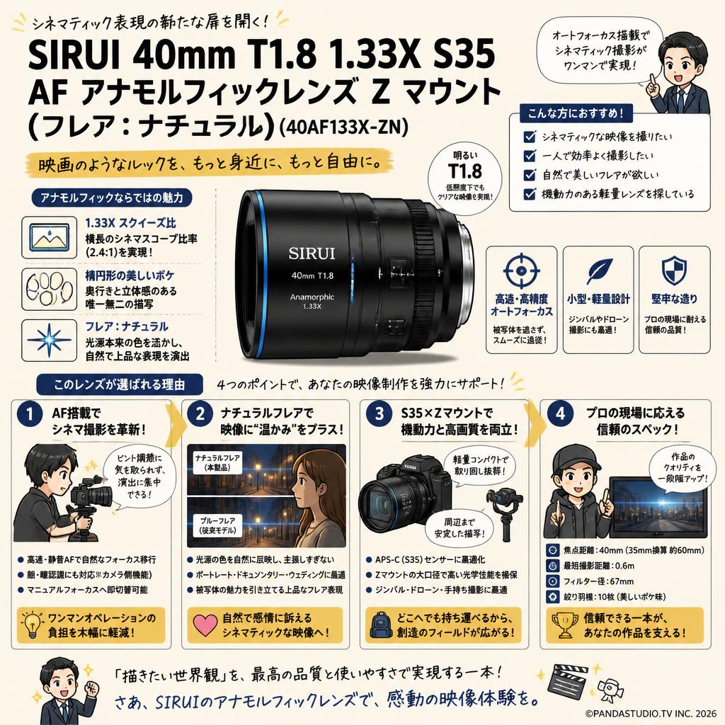 SIRUI 40mm T1.8 1.33X S35 AF アナモルフィックレンズ Z マウント (フレア：ナチュラル)（40AF133X-ZN） 概要