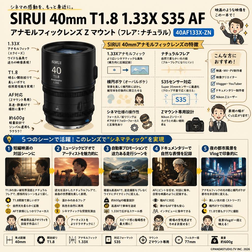 SIRUI 40mm T1.8 1.33X S35 AF アナモルフィックレンズ Z マウント (フレア：ナチュラル)（40AF133X-ZN） 用途