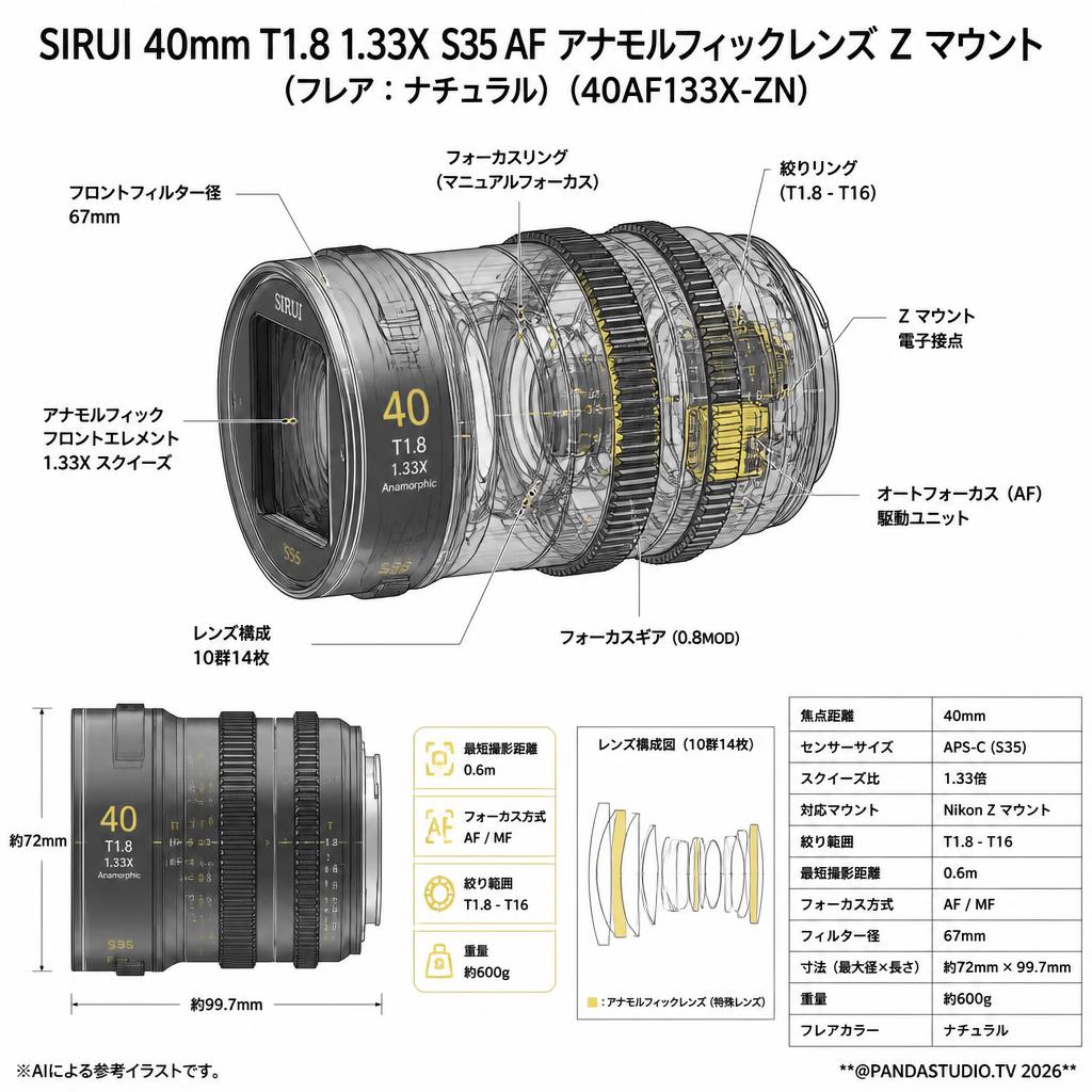 SIRUI 40mm T1.8 1.33X S35 AF アナモルフィックレンズ Z マウント (フレア：ナチュラル)（40AF133X-ZN） スペック