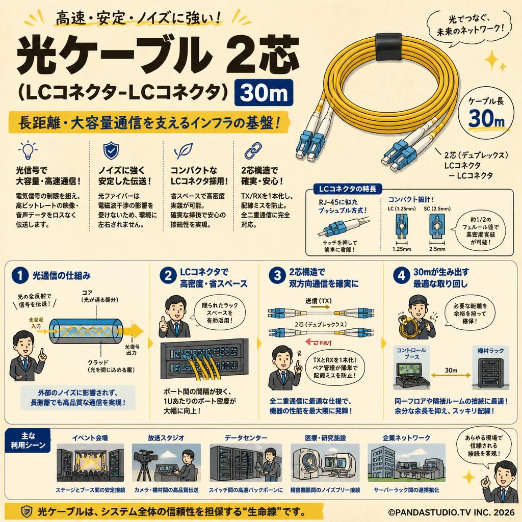 光ケーブル 2芯 (LCコネクタ-LCコネクタ) 30m 概要