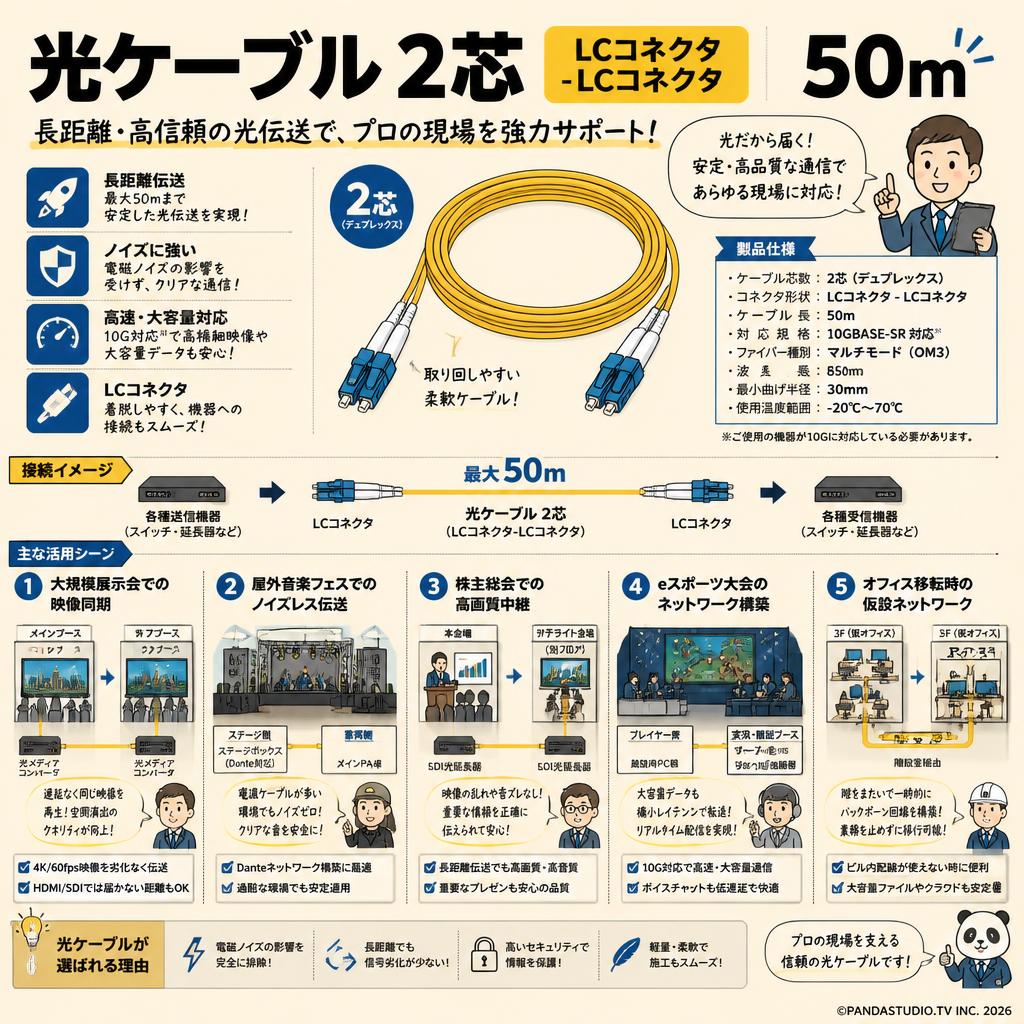 光ケーブル 2芯 (LCコネクタ-LCコネクタ)  50m 用途