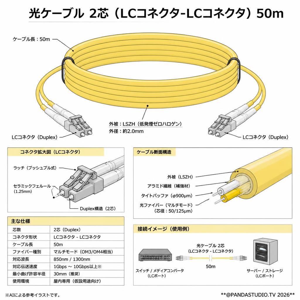 光ケーブル 2芯 (LCコネクタ-LCコネクタ)  50m スペック