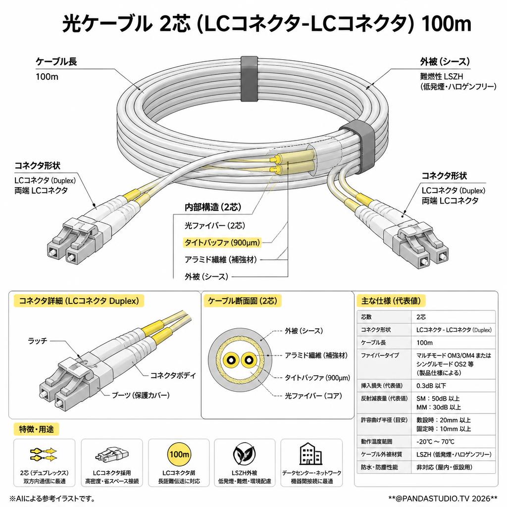 光ケーブル 2芯 (LCコネクタ-LCコネクタ) 100m スペック