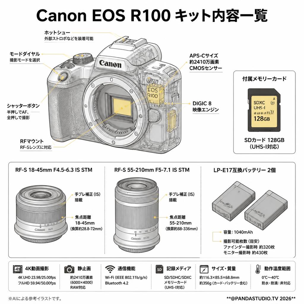 Canon EOS R100  SDカード128G付属 ＋RF-S 18-45mm ＋ RF-S 55-210mm ＋ LP-E17互換バッテリー2個 スペック