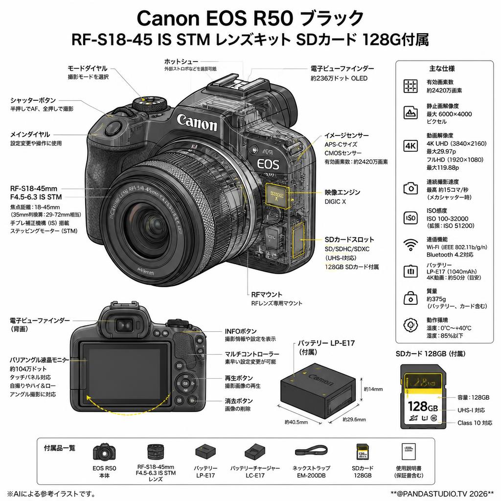 Canon EOS R50 ブラック RF-S18-45 IS STM レンズキット SDカード 128G付属 SDカード128G付属 スペック