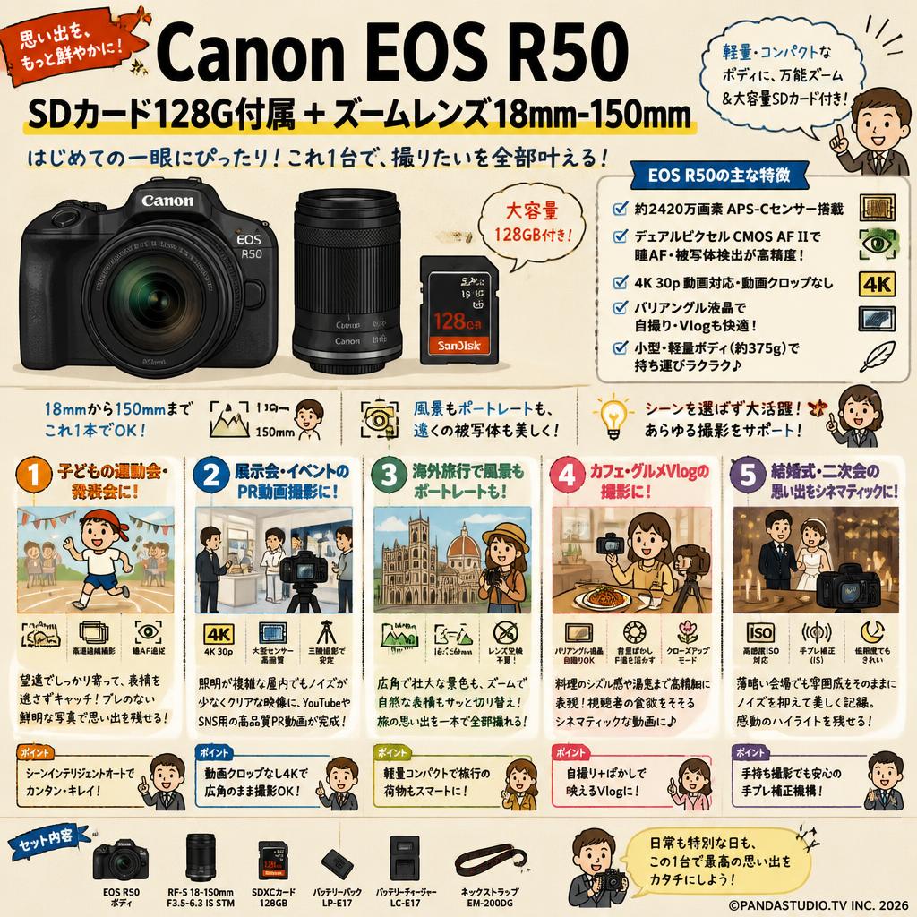 Canon EOS R50 SDカード128G付属 ＋ズームレンズ 18mm-150mm 用途