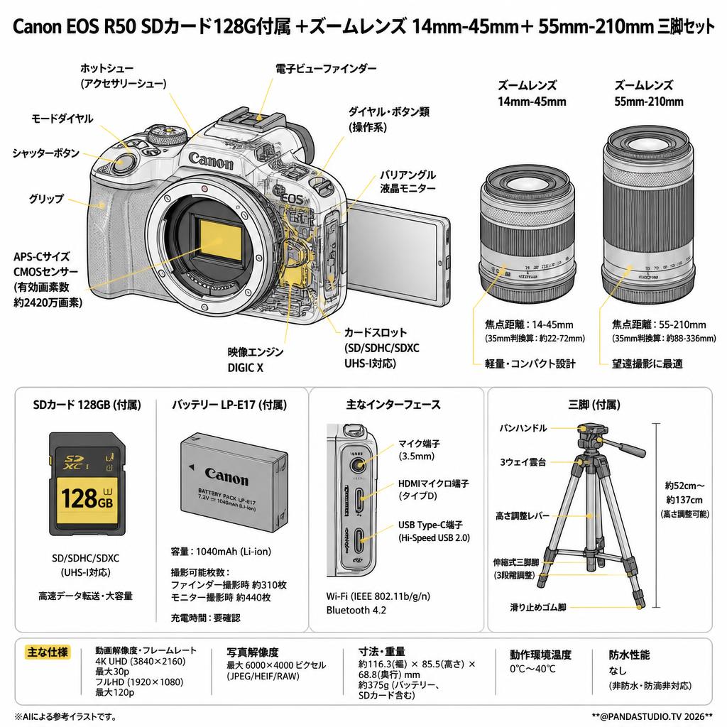 Canon EOS R50 SDカード128G付属 ＋ズームレンズ 14mm-45mm＋ 55mm-210mm 三脚セット スペック