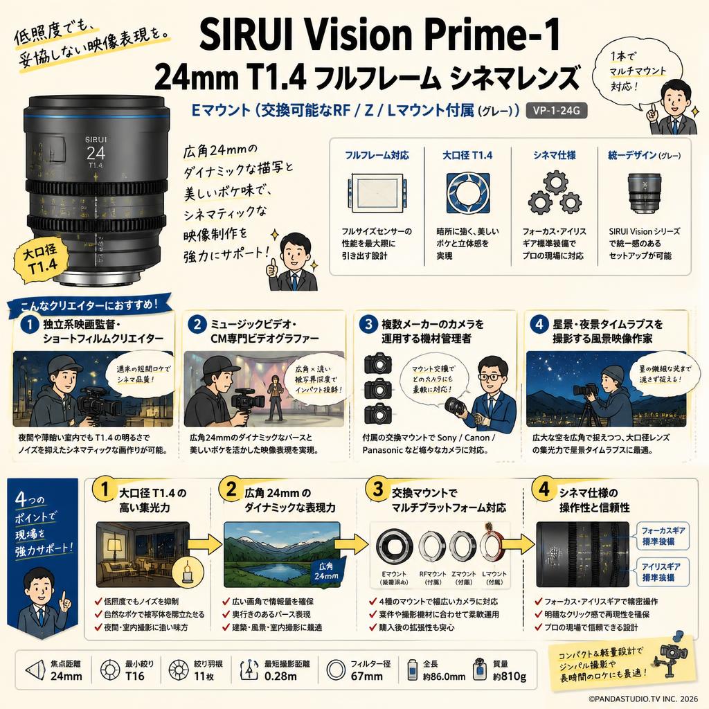 SIRUI Vision Prime-1 24mm T1.4 フルフレーム シネマレンズ Eマウント(交換可能なRF/Z/Lマウント付属（グレー）（VP-1-24G） おもな対象のお客様