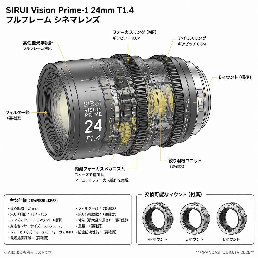 SIRUI Vision Prime-1 24mm T1.4 フルフレーム シネマレンズ Eマウント(交換可能なRF/Z/Lマウント付属（グレー）（VP-1-24G） スペック