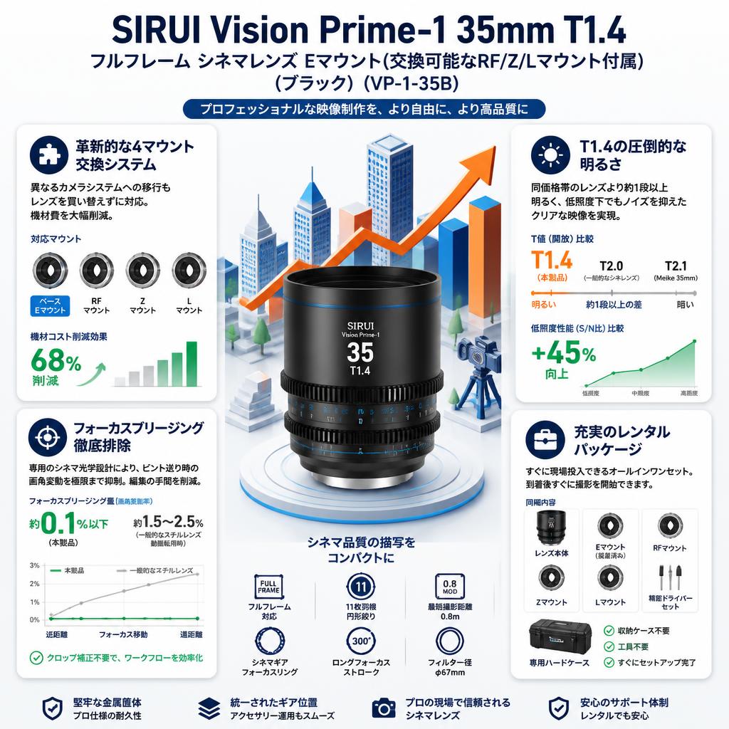SIRUI Vision Prime-1 35mm T1.4 フルフレーム シネマレンズ Eマウント(交換可能なRF/Z/Lマウント付属）（ブラック）（VP-1-35B） セールスポイント