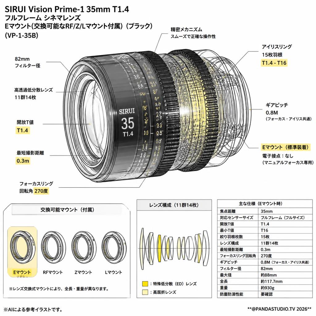 SIRUI Vision Prime-1 35mm T1.4 フルフレーム シネマレンズ Eマウント(交換可能なRF/Z/Lマウント付属）（ブラック）（VP-1-35B） スペック