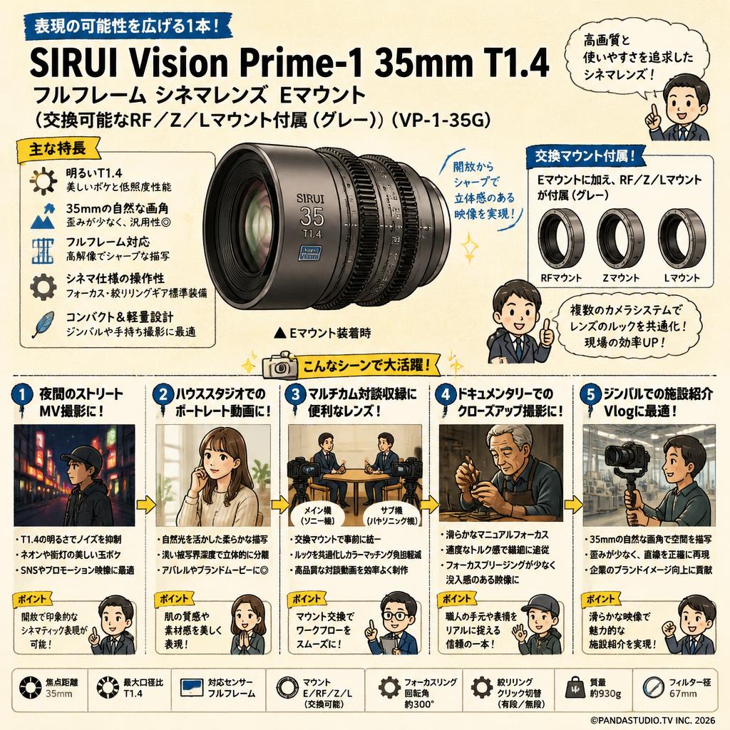 SIRUI Vision Prime-1 35mm T1.4 フルフレーム シネマレンズ Eマウント(交換可能なRF/Z/Lマウント付属（グレー）（VP-1-35G） 用途