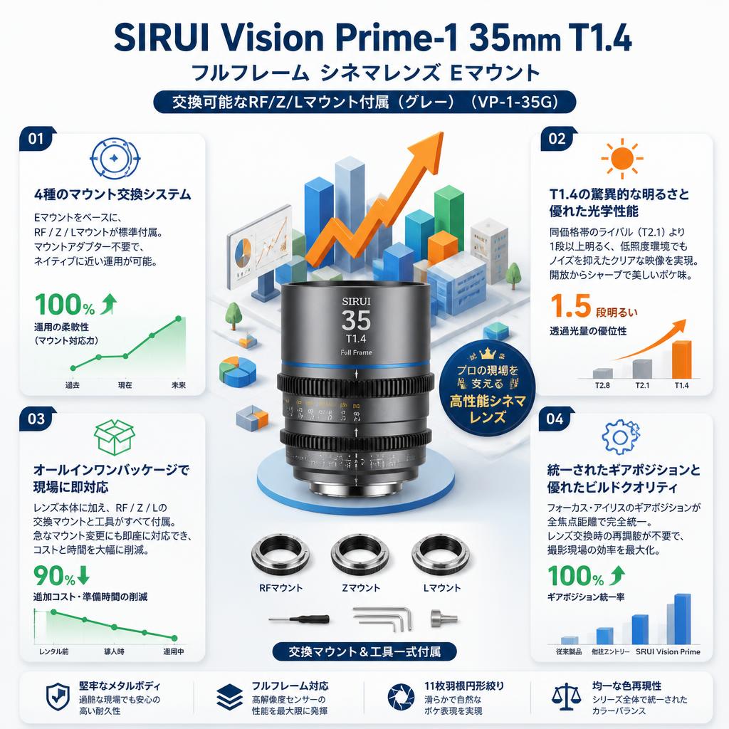 SIRUI Vision Prime-1 35mm T1.4 フルフレーム シネマレンズ Eマウント(交換可能なRF/Z/Lマウント付属（グレー）（VP-1-35G） セールスポイント