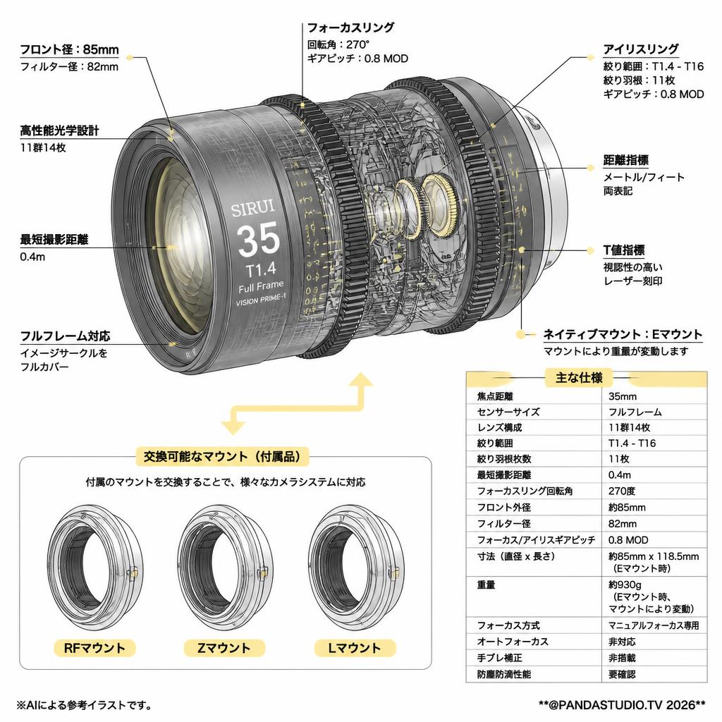 SIRUI Vision Prime-1 35mm T1.4 フルフレーム シネマレンズ Eマウント(交換可能なRF/Z/Lマウント付属（グレー）（VP-1-35G） スペック