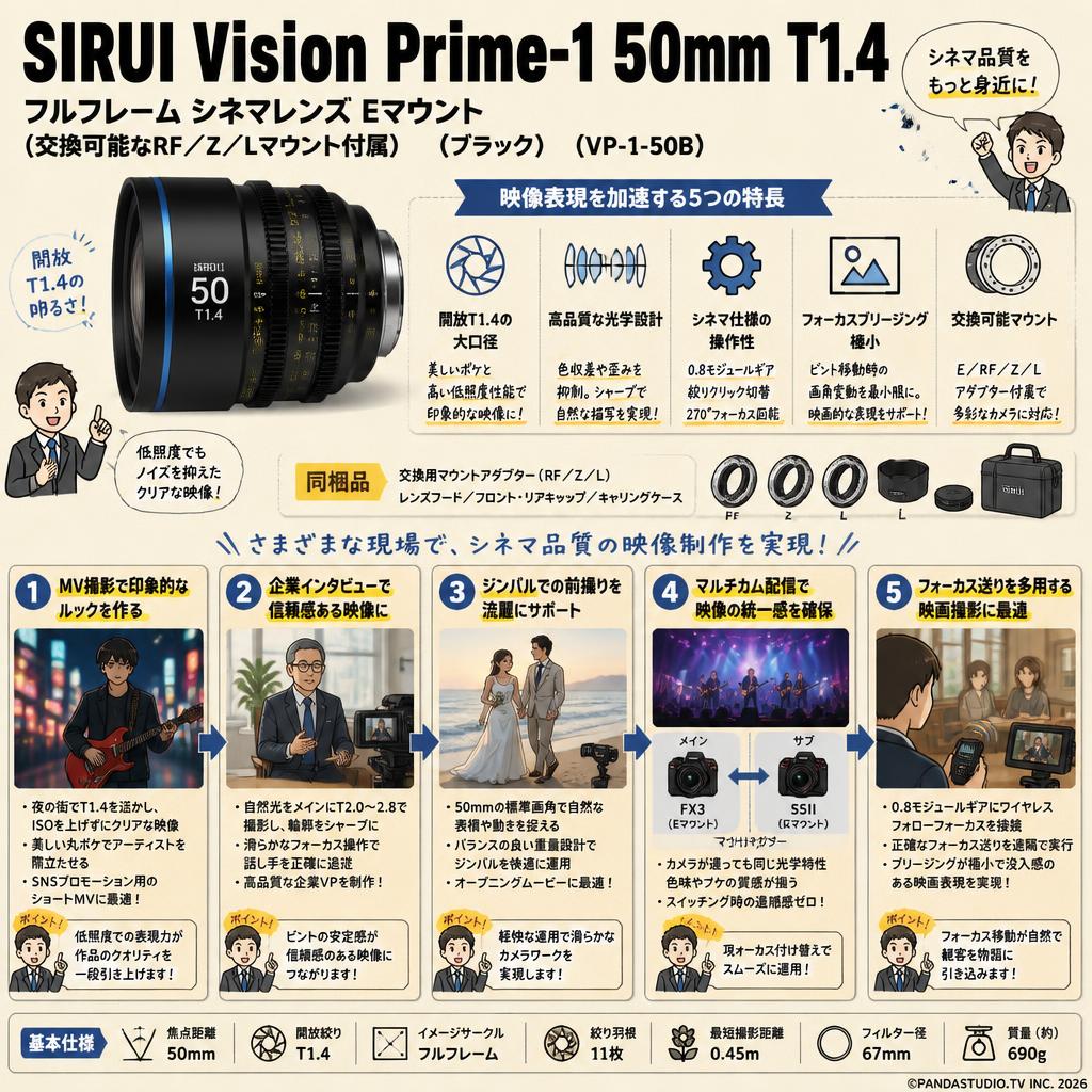 SIRUI Vision Prime-1 50mm T1.4 フルフレーム シネマレンズ Eマウント(交換可能なRF/Z/Lマウント付属）（ブラック）（VP-1-50B） 用途