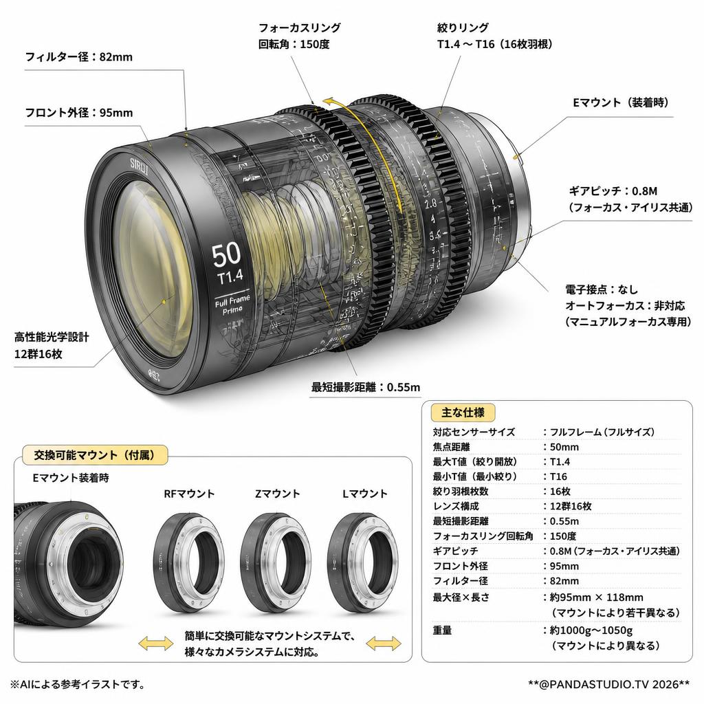 SIRUI Vision Prime-1 50mm T1.4 フルフレーム シネマレンズ Eマウント(交換可能なRF/Z/Lマウント付属）（ブラック）（VP-1-50B） スペック