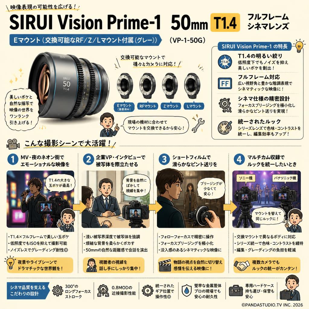 SIRUI Vision Prime-1 50mm T1.4 フルフレーム シネマレンズ Eマウント(交換可能なRF/Z/Lマウント付属（グレー）（VP-1-50G） 用途
