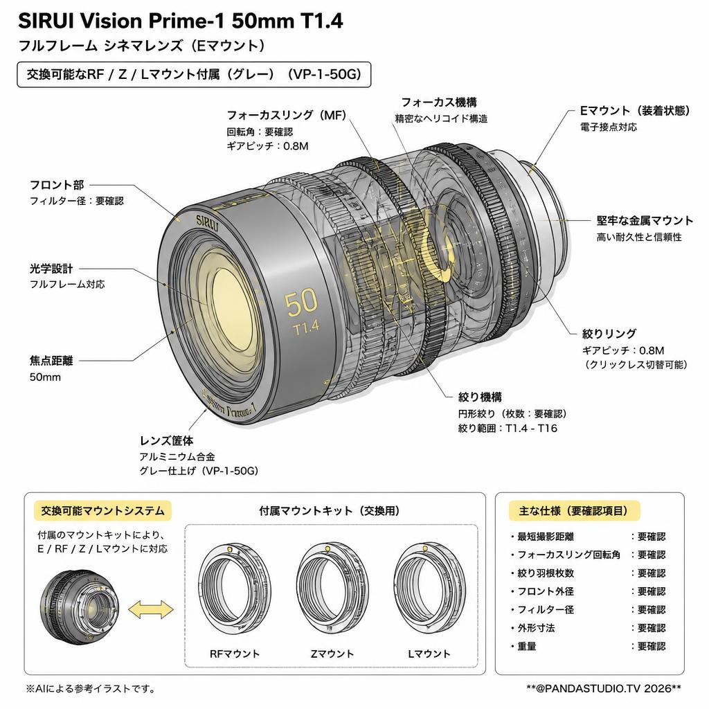 SIRUI Vision Prime-1 50mm T1.4 フルフレーム シネマレンズ Eマウント(交換可能なRF/Z/Lマウント付属（グレー）（VP-1-50G） スペック