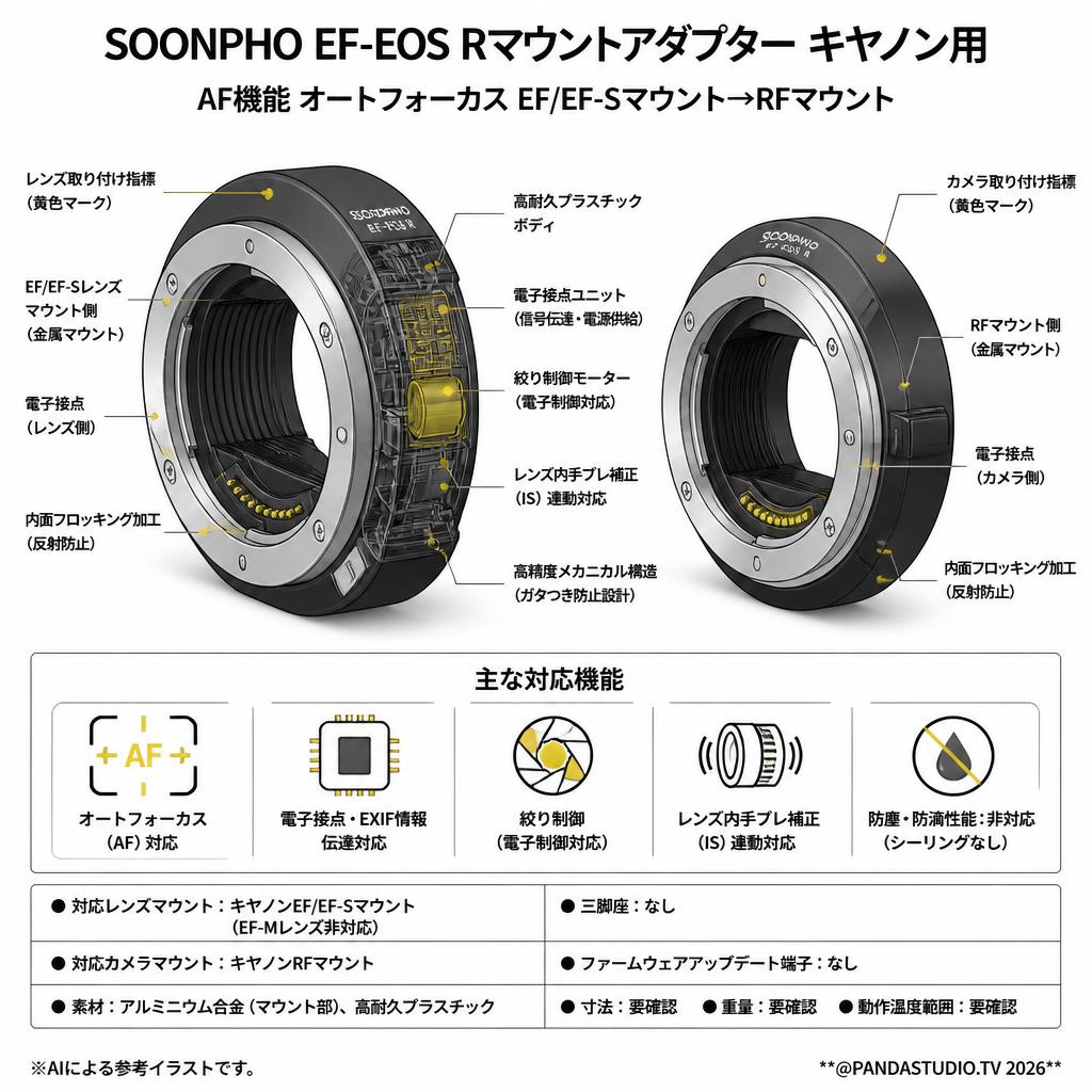 SOONPHO EF-EOS Rマウントアダプター キヤノン用 AF機能 オートフォーカス EF/EF-Sマウント→RFマウント スペック