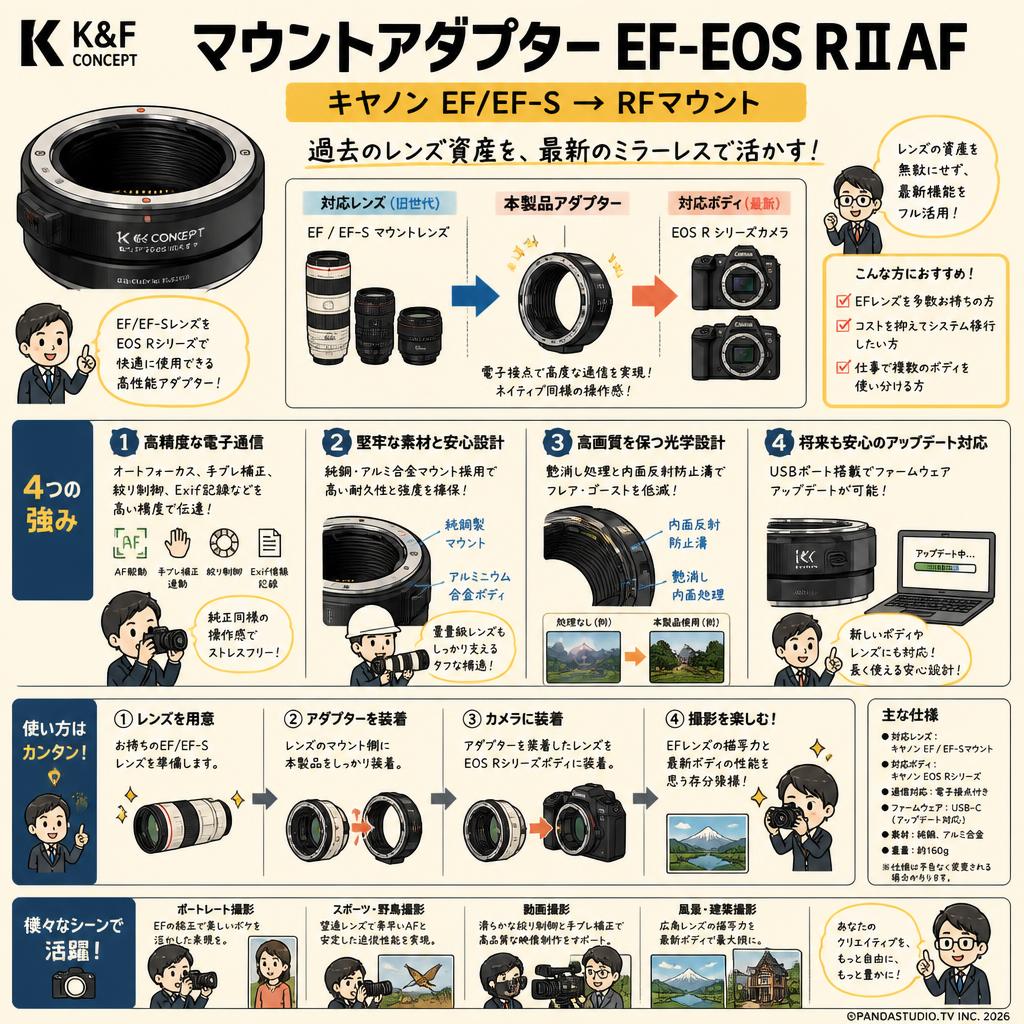 K&F Concept マウントアダプター  EF-EOS RⅡAF キヤノン EF/EF-S→ RFマウント 概要