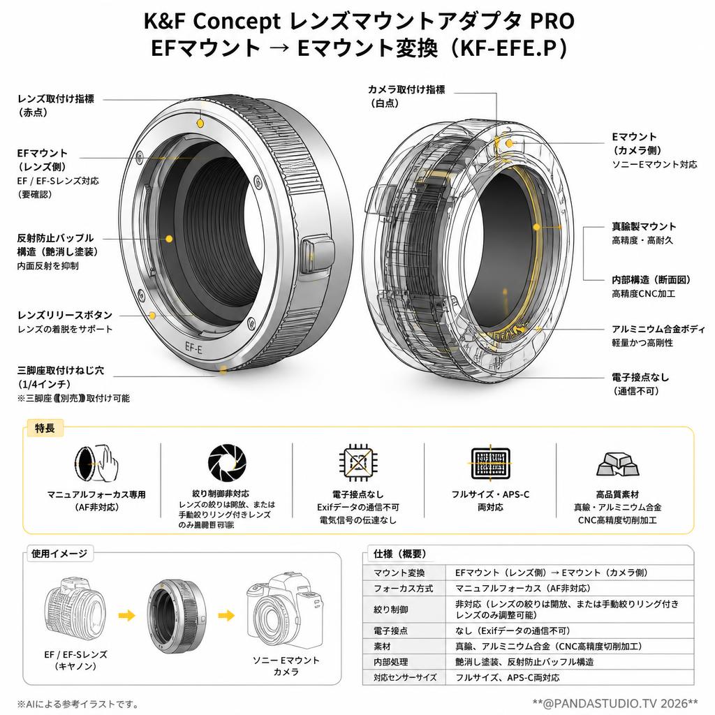 K&F Concept レンズマウントアダプタ PRO EFマウント → Eマウント変換 ( KF-EFE.P ) スペック