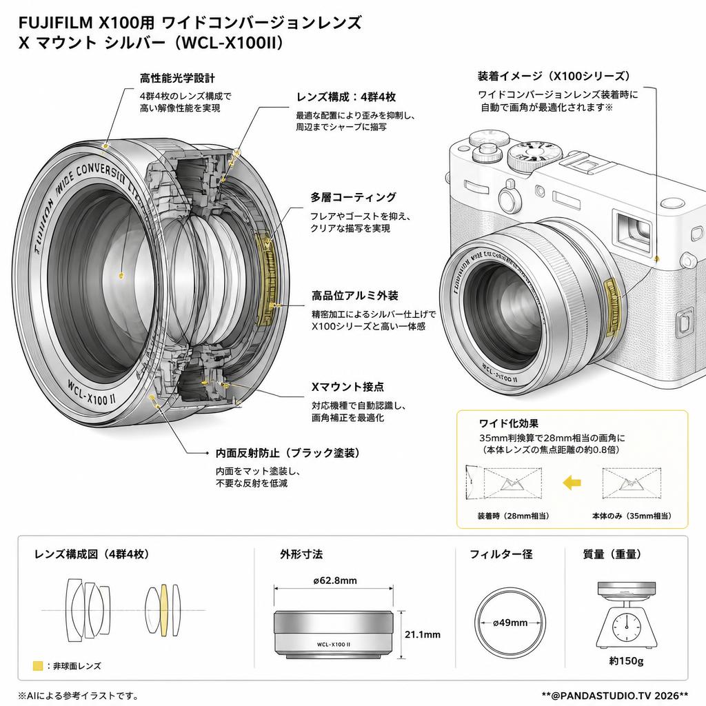 FUJIFILM (富士フイルム) X100用 ワイドコンバージョンレンズ X マウント シルバー (WCL-X100II) スペック