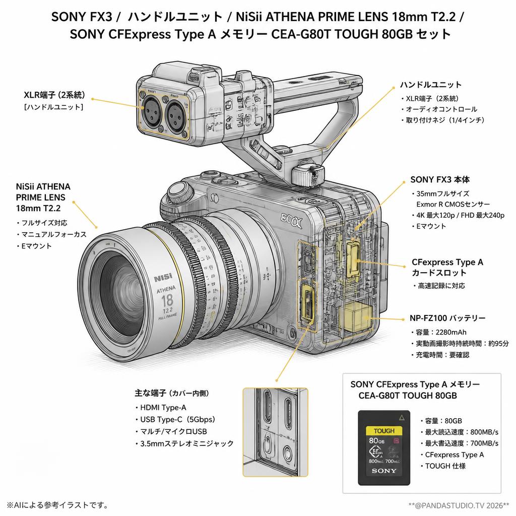 SONY FX3  / ハンドルユニット / NiSii ATHENA PRIME LENS 18mm T2.2 / SONY CFExpress Type A メモリー CEA-G80T TOUGH 80GB セット スペック