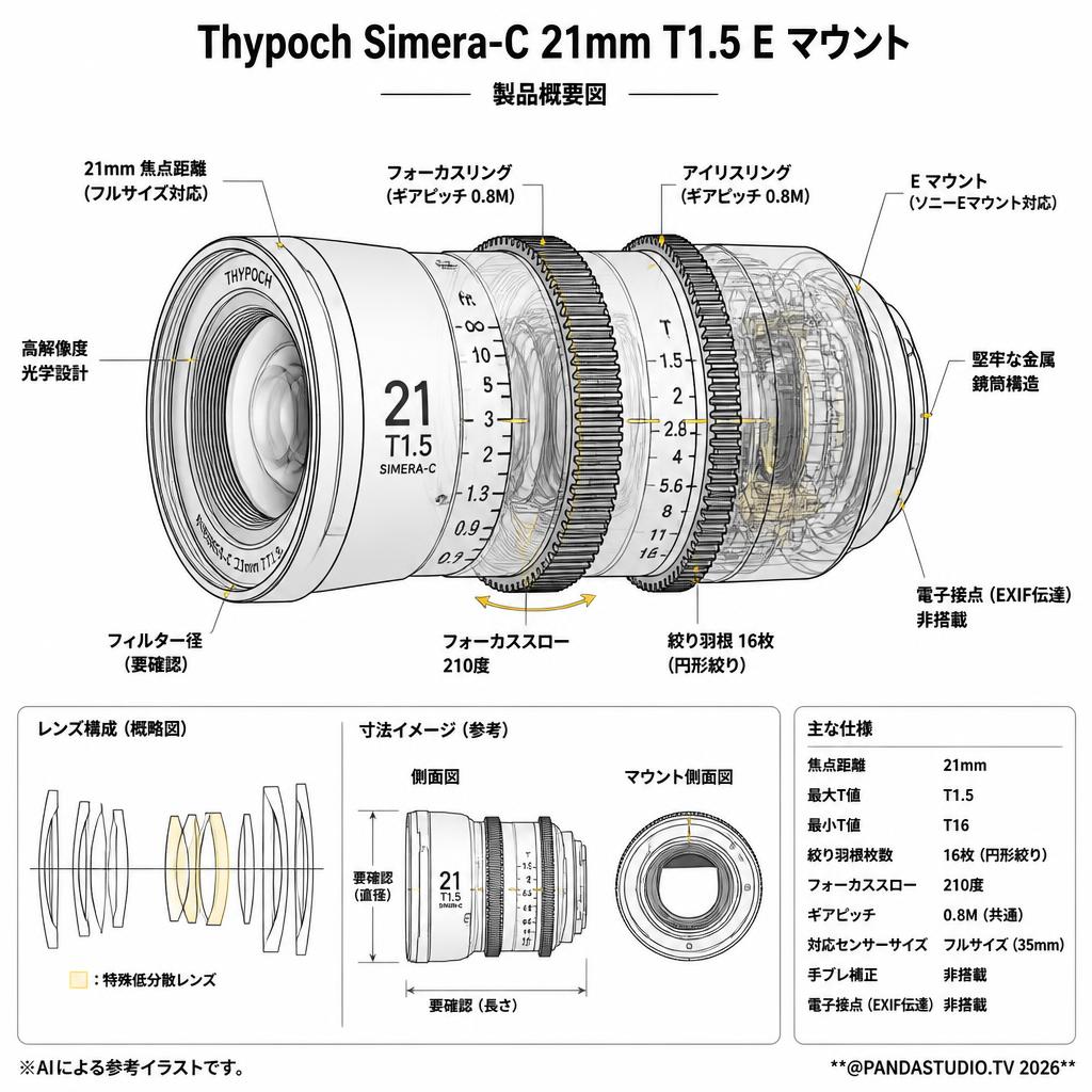 Thypoch Simera-C 21mm T1.5 E マウント スペック