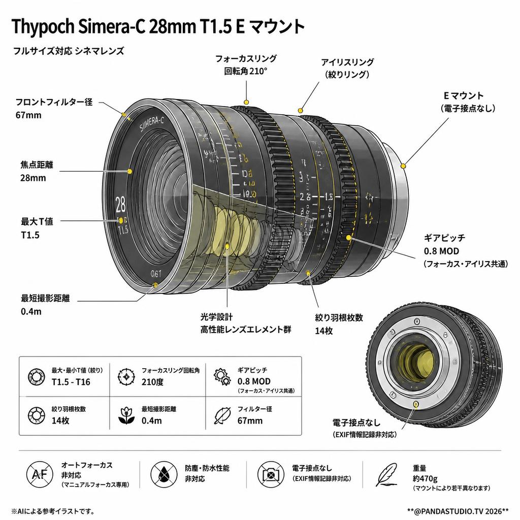 Thypoch Simera-C 28mm T1.5 E マウント スペック