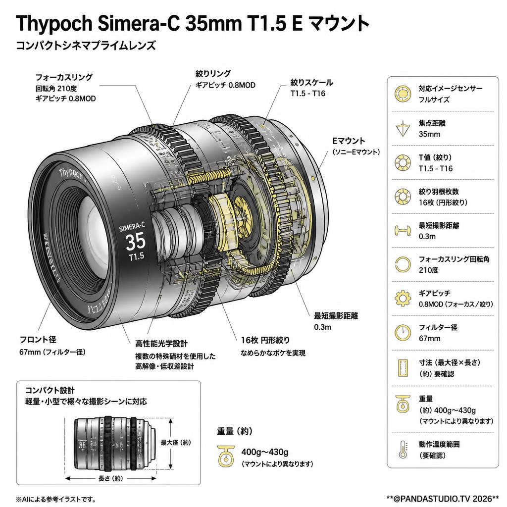 Thypoch Simera-C 35mm T1.5 E マウント スペック